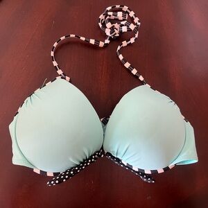 Retro color bikini top. Aqua, stripe and polka dot.
